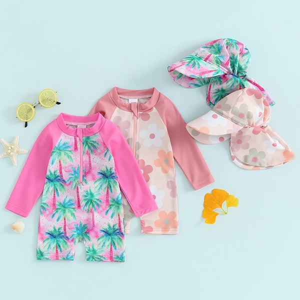 Lioraitiin Newborn Baby Girls Swimwear Infant Swimsuit Rash Guard Bathing Suit Toddler Beach Long Sleeve Zip Up Summer