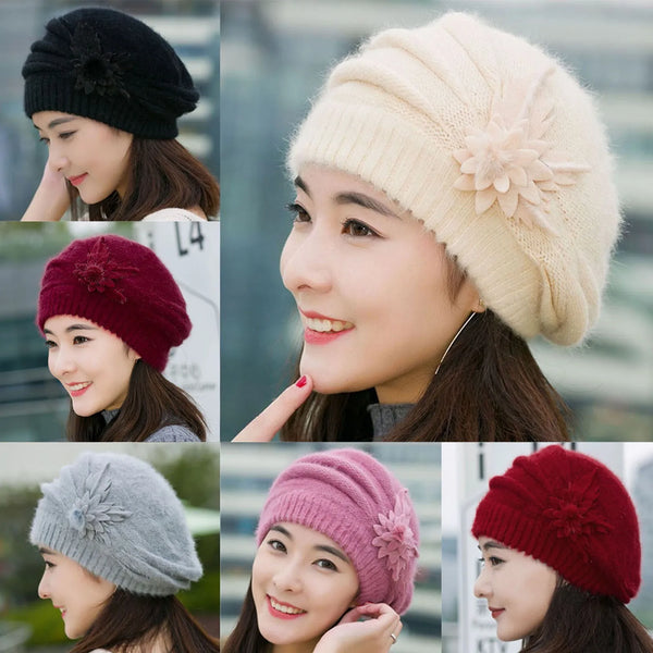Fashion Womens Winter Caps Creative Flower Knit Crochet Hat Winter Warm Beret Cap French Hats For Women Popular Cold Weather Fit