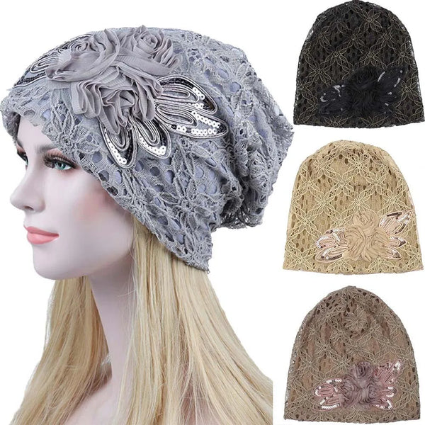 Spring Autumn Hat For Women Beanies Fashion Lace Flower Cap Elasticity Knit Beanie Hats Turban Female Casual Caps Gorros