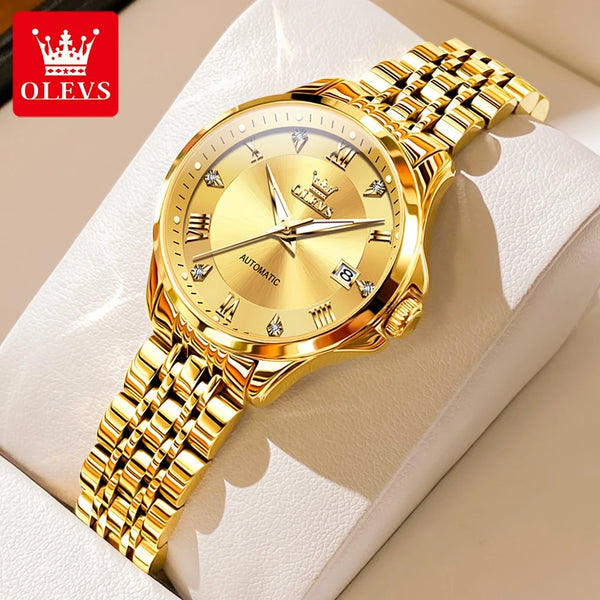 OLEVS Women's Mechanical Watch Stainless Steel Strap Dual Calendar Luxury Ladies Wristwatch Original Automatic Watches for Women