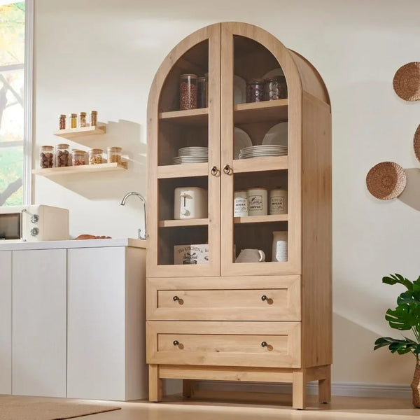 71" Tall Arched Kitchen Pantry, Modern Farmhouse Wood Kitchen Storage Cabinets with 2 Large Drawers and Adjustable Shelves