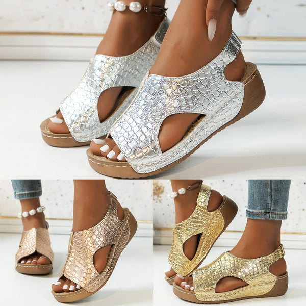 Sandals For Women Ladies Summer Retro Solid Colour Leather Slope Heel Thick Bottom Large Size Fish Mouth Sandals Flat Sandals
