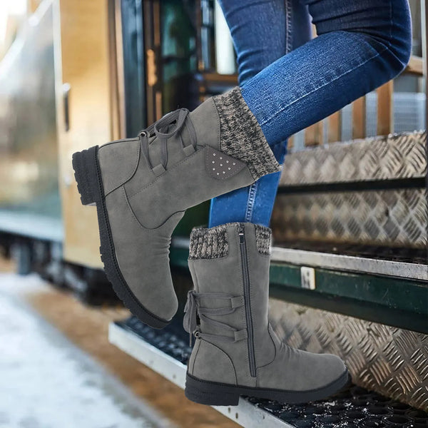 Fashion Long Boots Casual Vintage Retro Mid-Calf Lace Up Thick Heels Shoes Womens Wide Winter Thickened Insulation Snow Boots