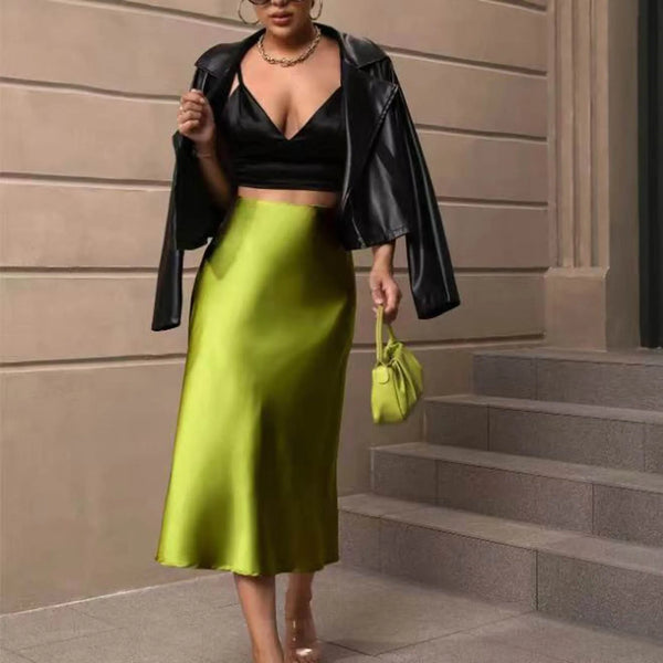 Summer Skirts For Women 2024 Womens Satin Slim Skirt Solid Color Mid Length Hip Fishtail Skirt Plus Size Women Clothing