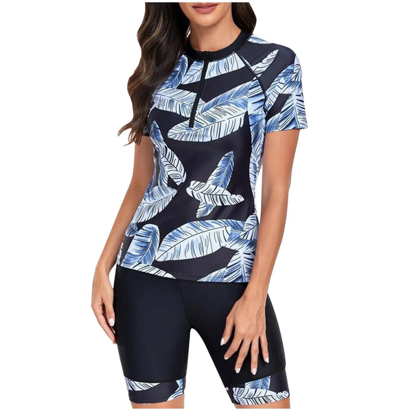 Summer Printed Surfing Swimsuits Fashion Sports Print Zipper Round Neck Two Pieces Bikini Short Sleeved seaside Swimwear
